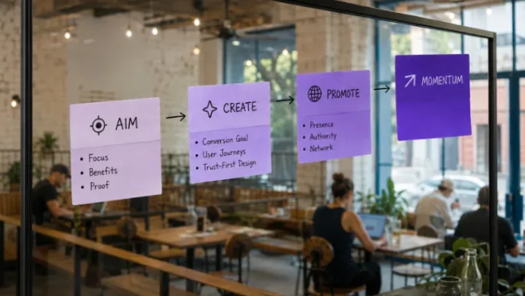 ACP42-Phasen Aim, Create, Promote und Momentum auf Notizzetteln an einer Glasscheibe