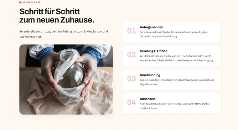 Prozessabschnitt einer Website als Beispiel dafür, wie klare Schritte Einwände vor der Anfrage reduzieren