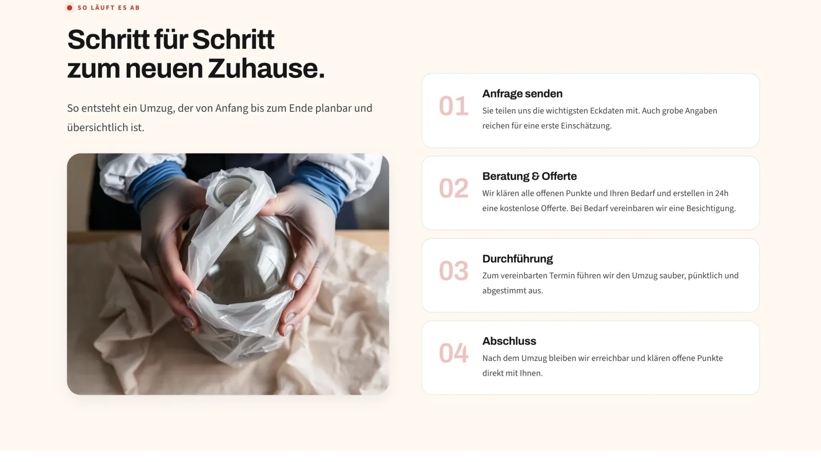 Prozessabschnitt einer Website als Beispiel dafür, wie klare Schritte Einwände vor der Anfrage reduzieren