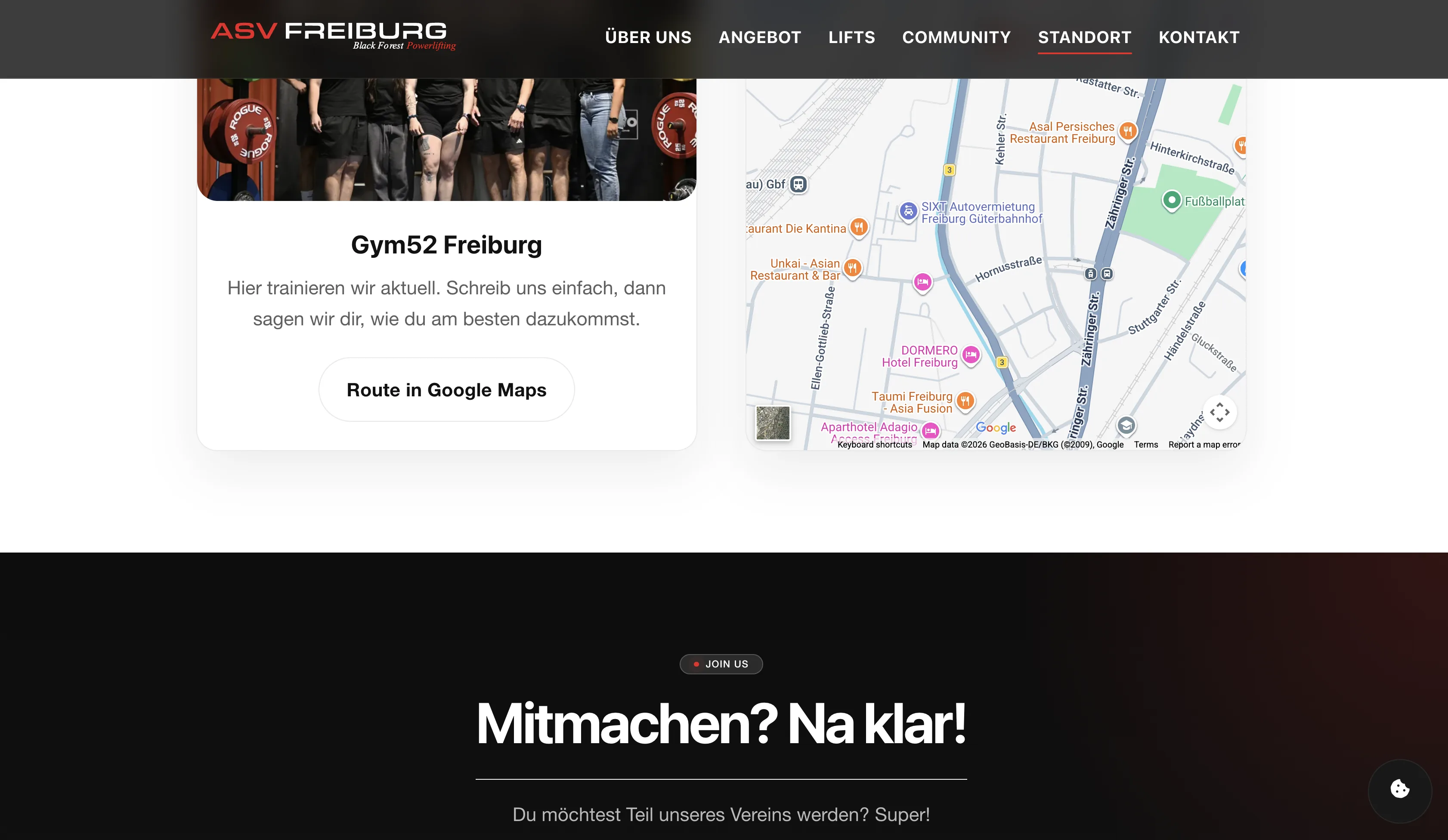 Standort- und Mitmachen-Bereich auf der Website des ASV Freiburg