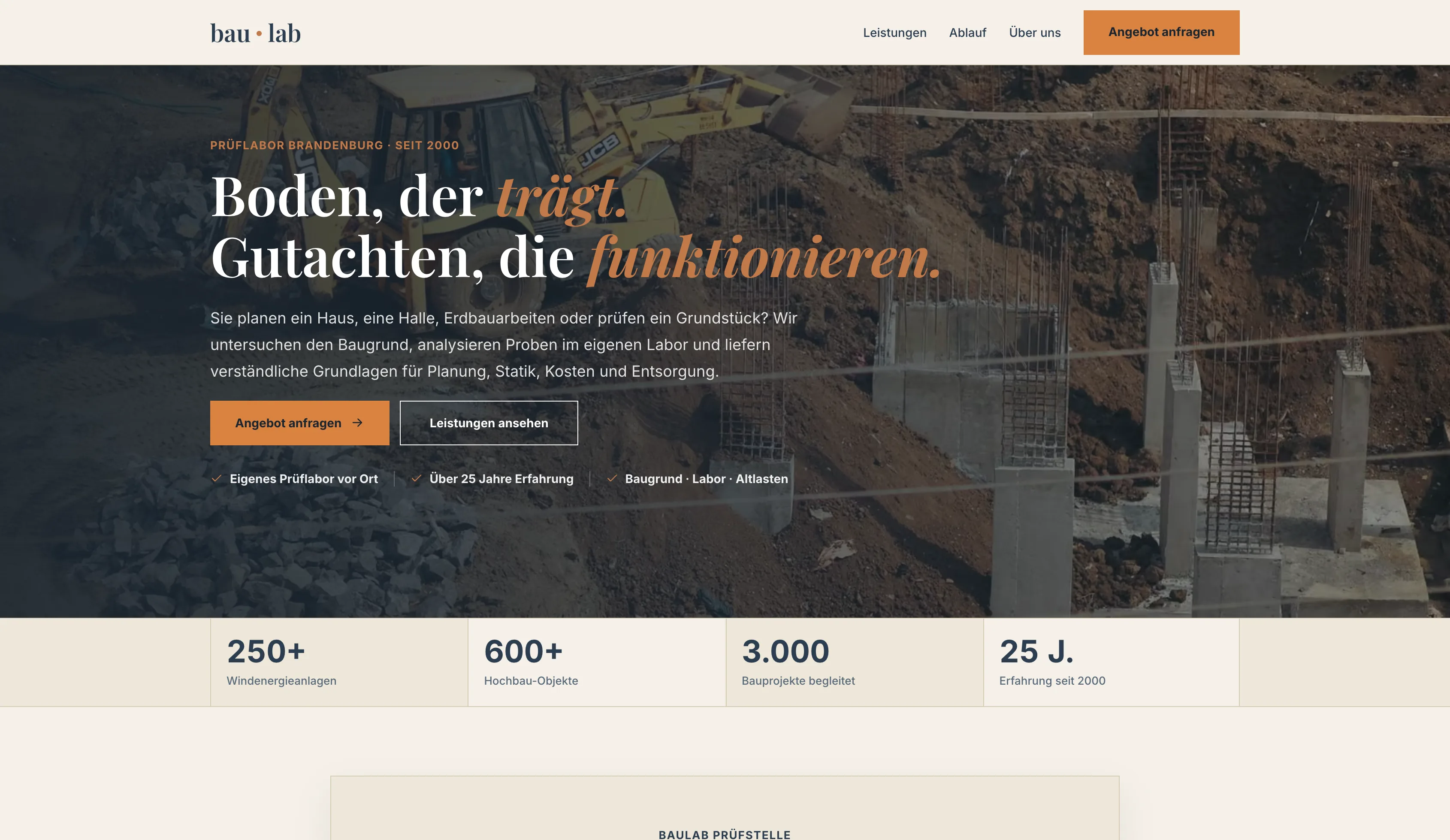 Hero der Website der Baulab Prüfstelle Brandenburg