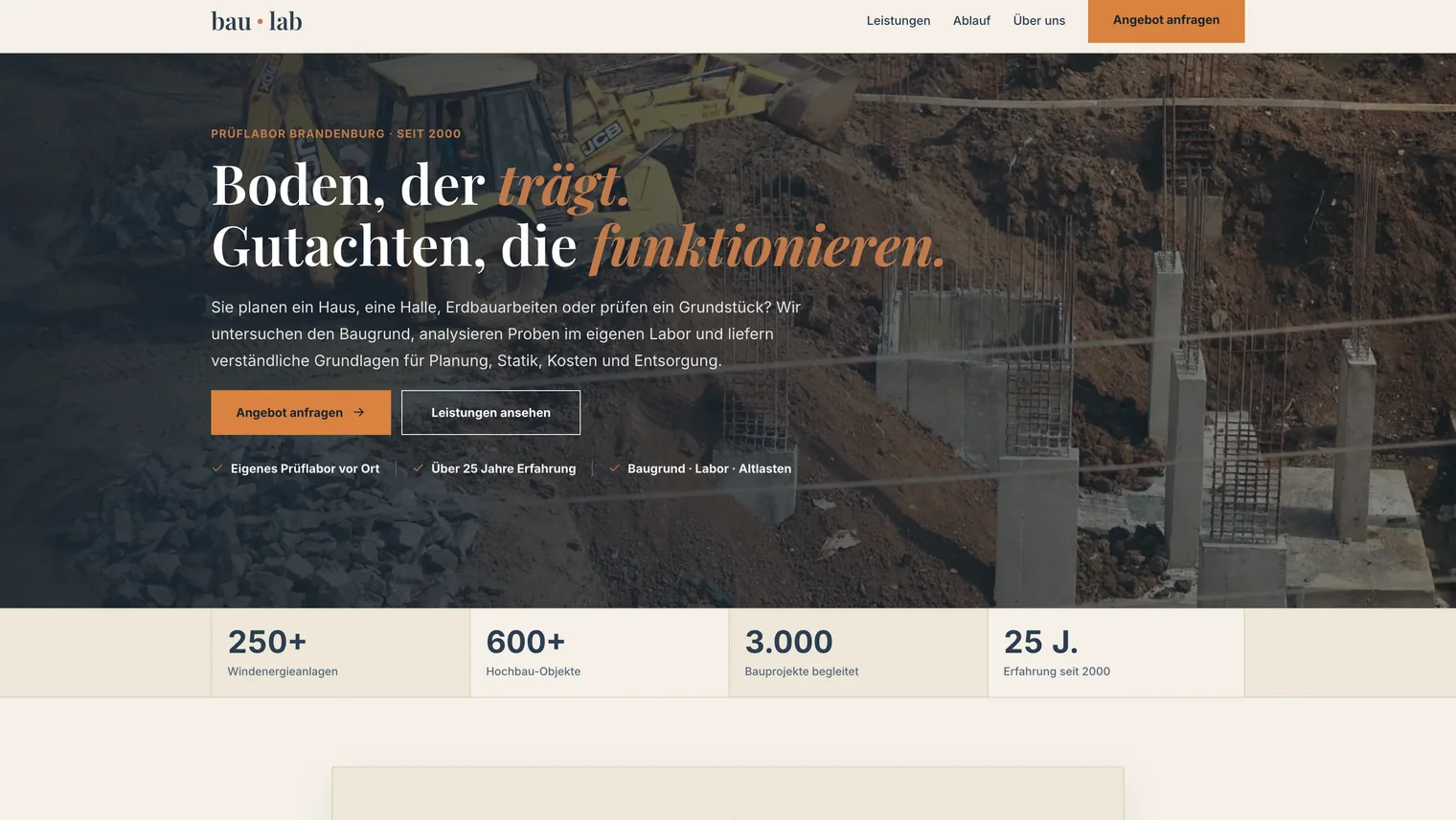 Hero der Website der Baulab Prüfstelle Brandenburg