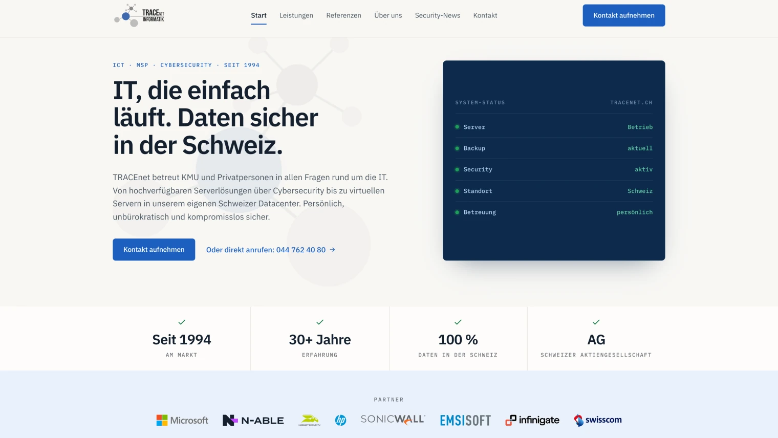 Hero der Website von TRACEnet Informatik AG mit Partnerlogos