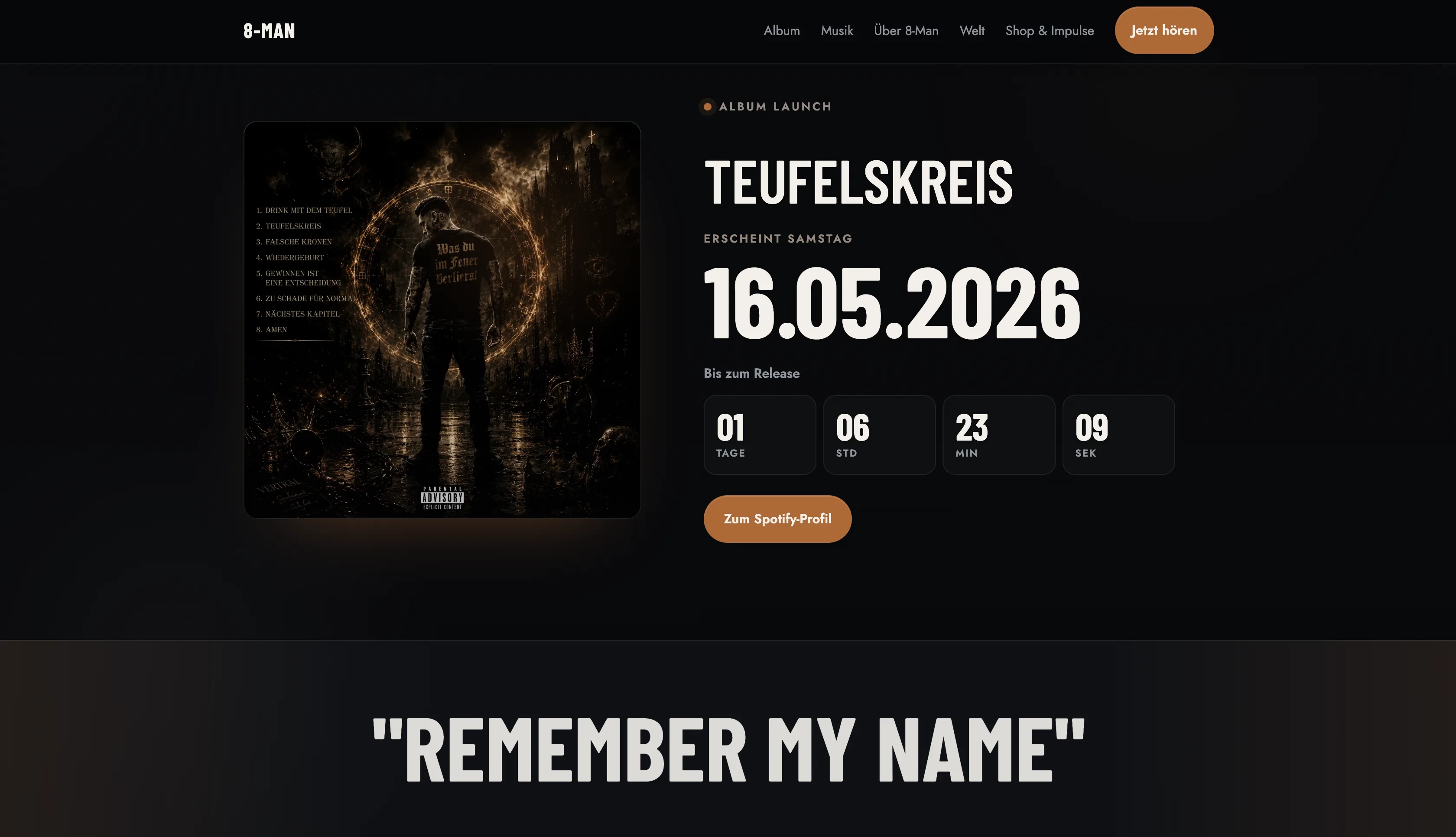 Album-Launch-Bereich auf der Website von 8-Man