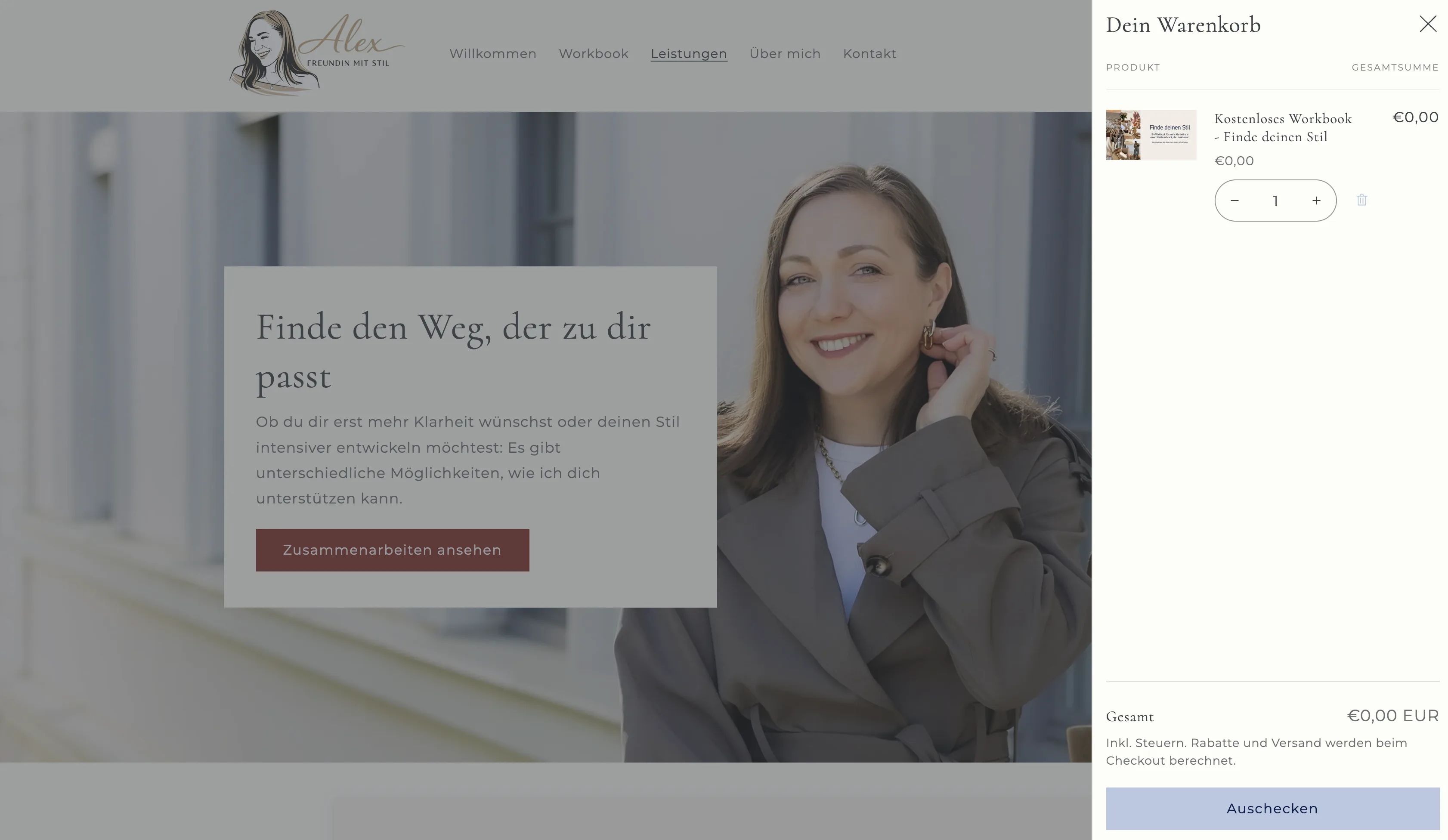 Warenkorb und Leistungsbereich auf der Website von Alex - Freundin mit Stil