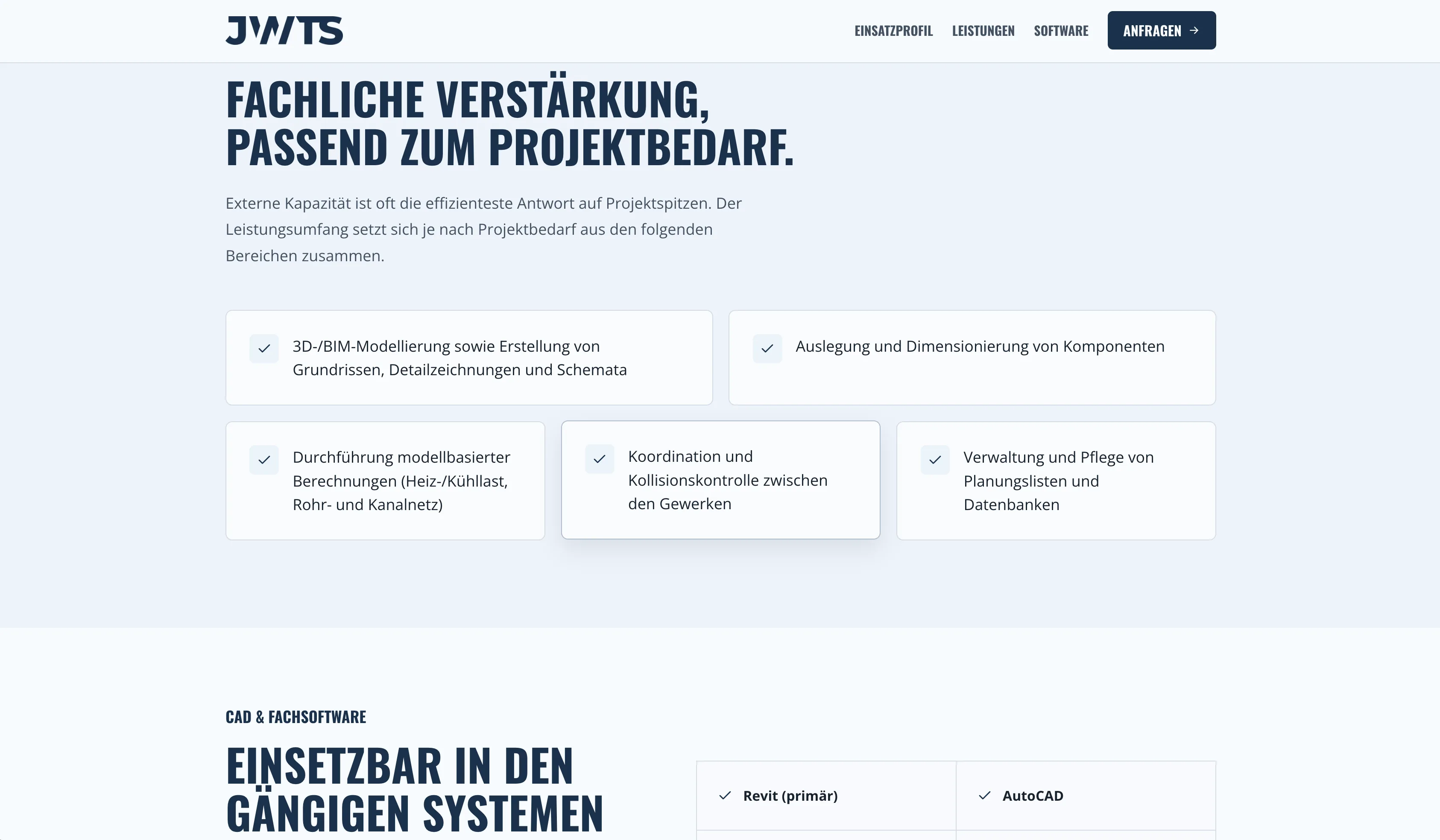 Leistungs- und Softwarebereiche der JWTS Systemplanung Landingpage
