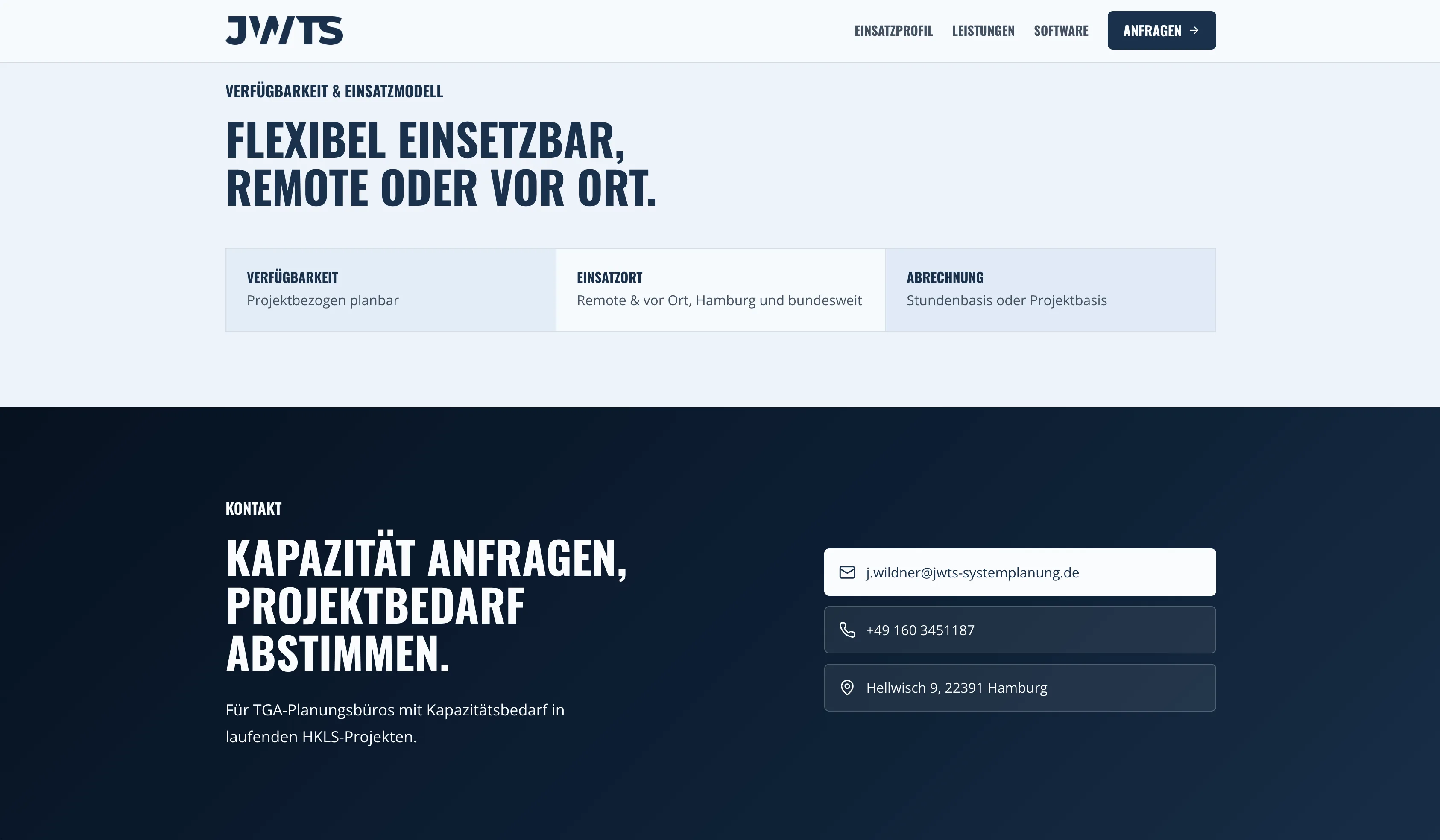Verfügbarkeits- und Kontaktbereich der JWTS Systemplanung Landingpage
