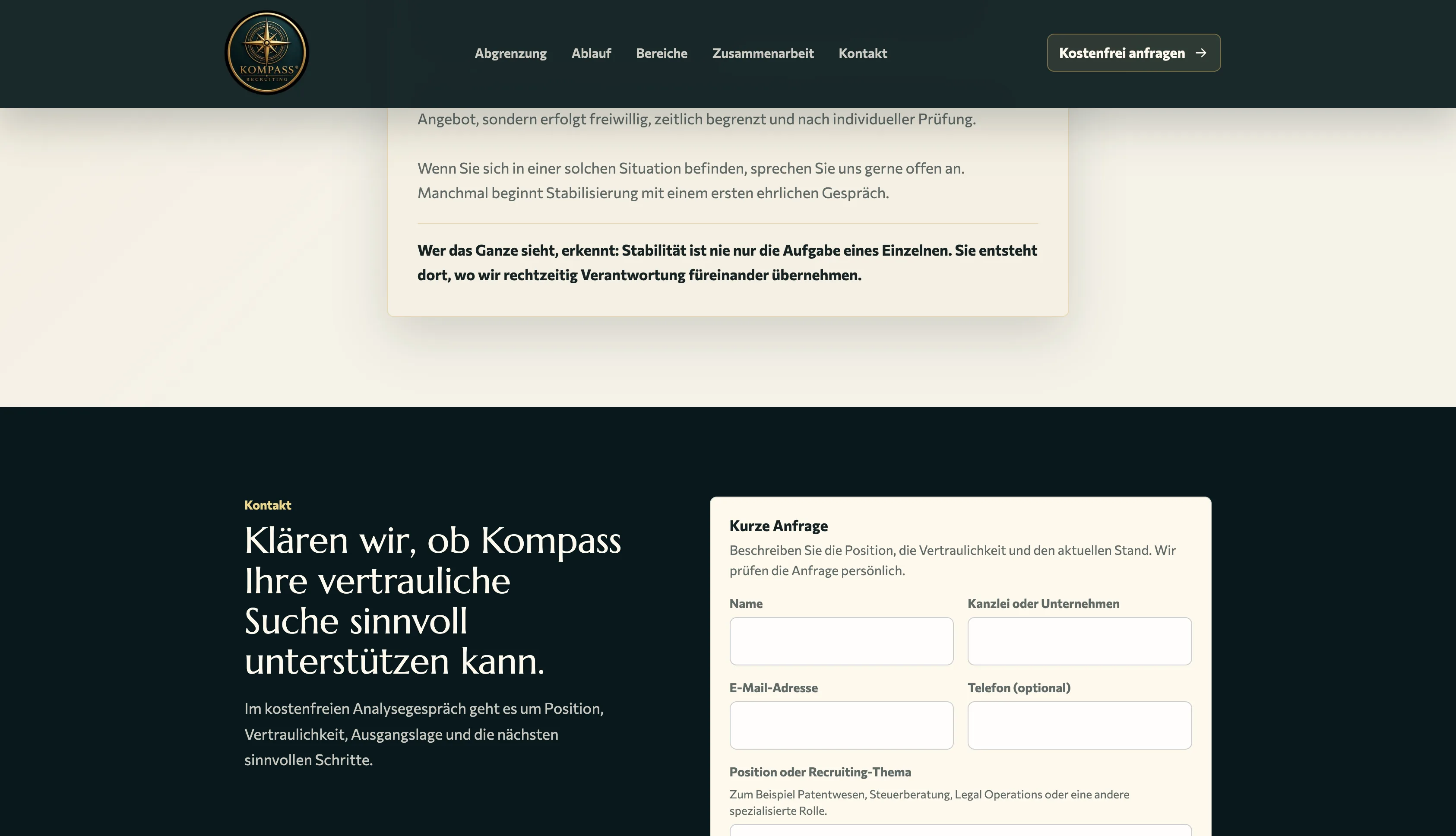 Kontaktbereich der Kompass Recruiting Landingpage