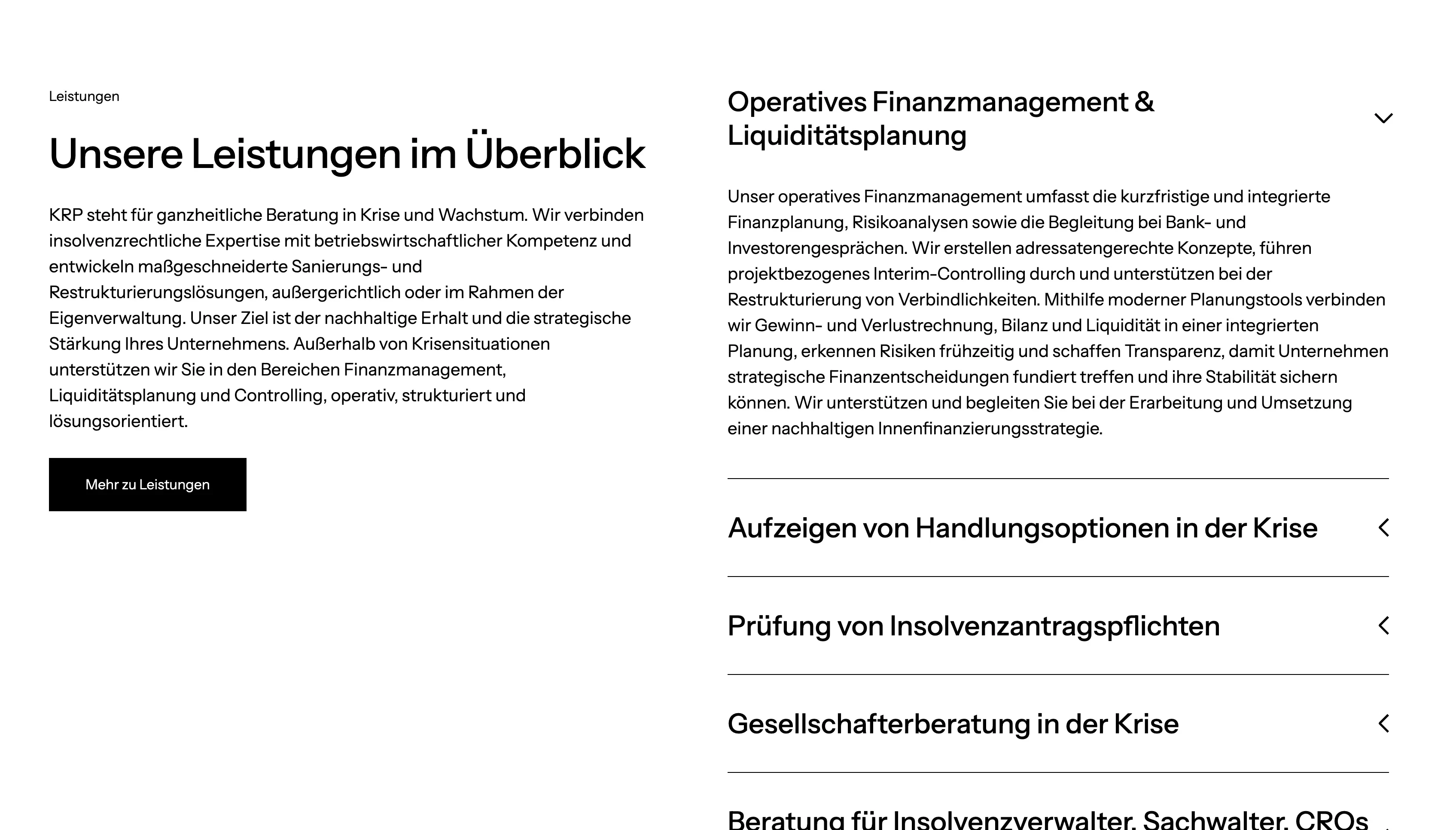 Leistungsübersicht auf der Website von KRP Consult