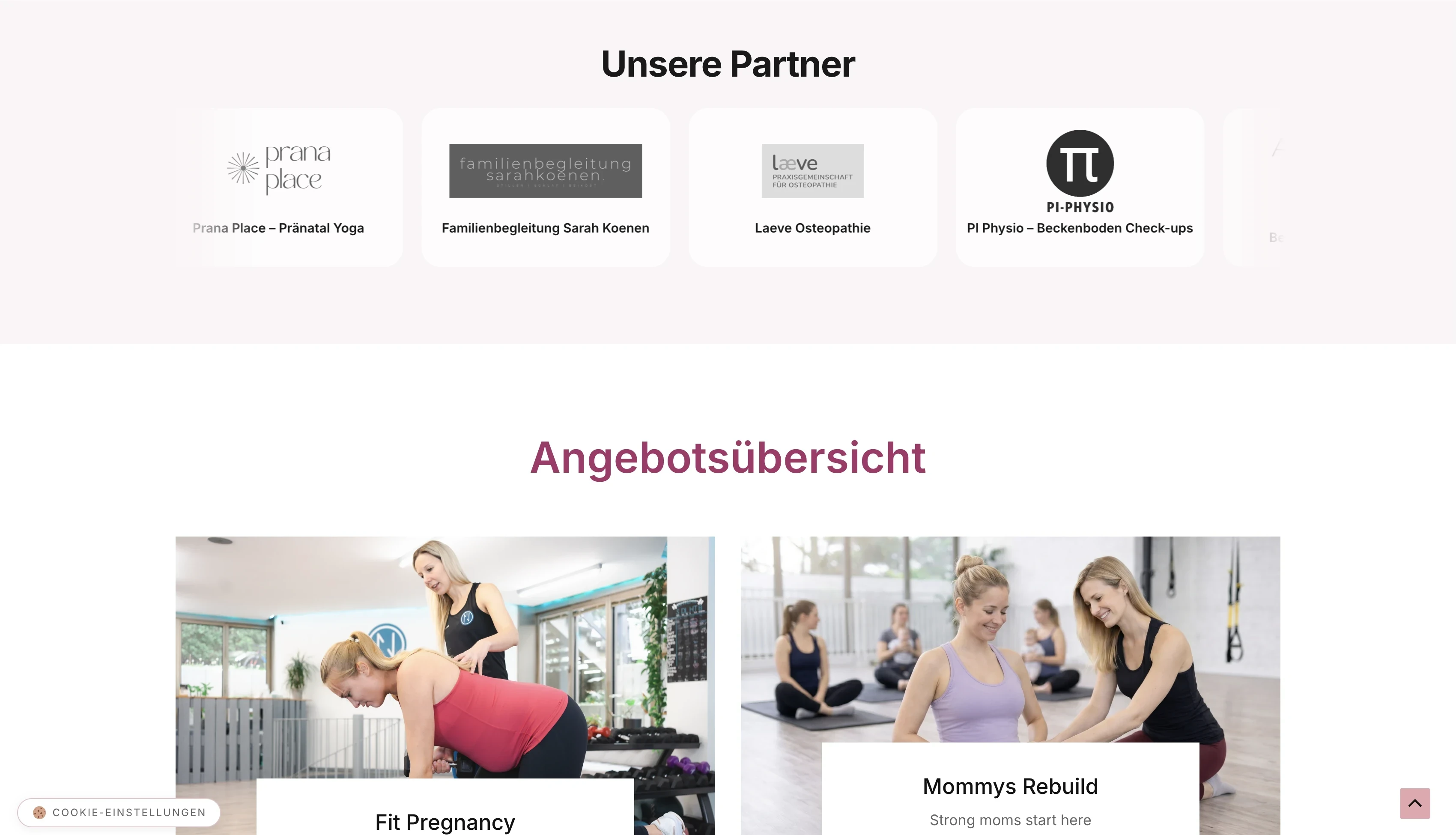 Angebotsübersicht auf der Website von MOMMYS GYM