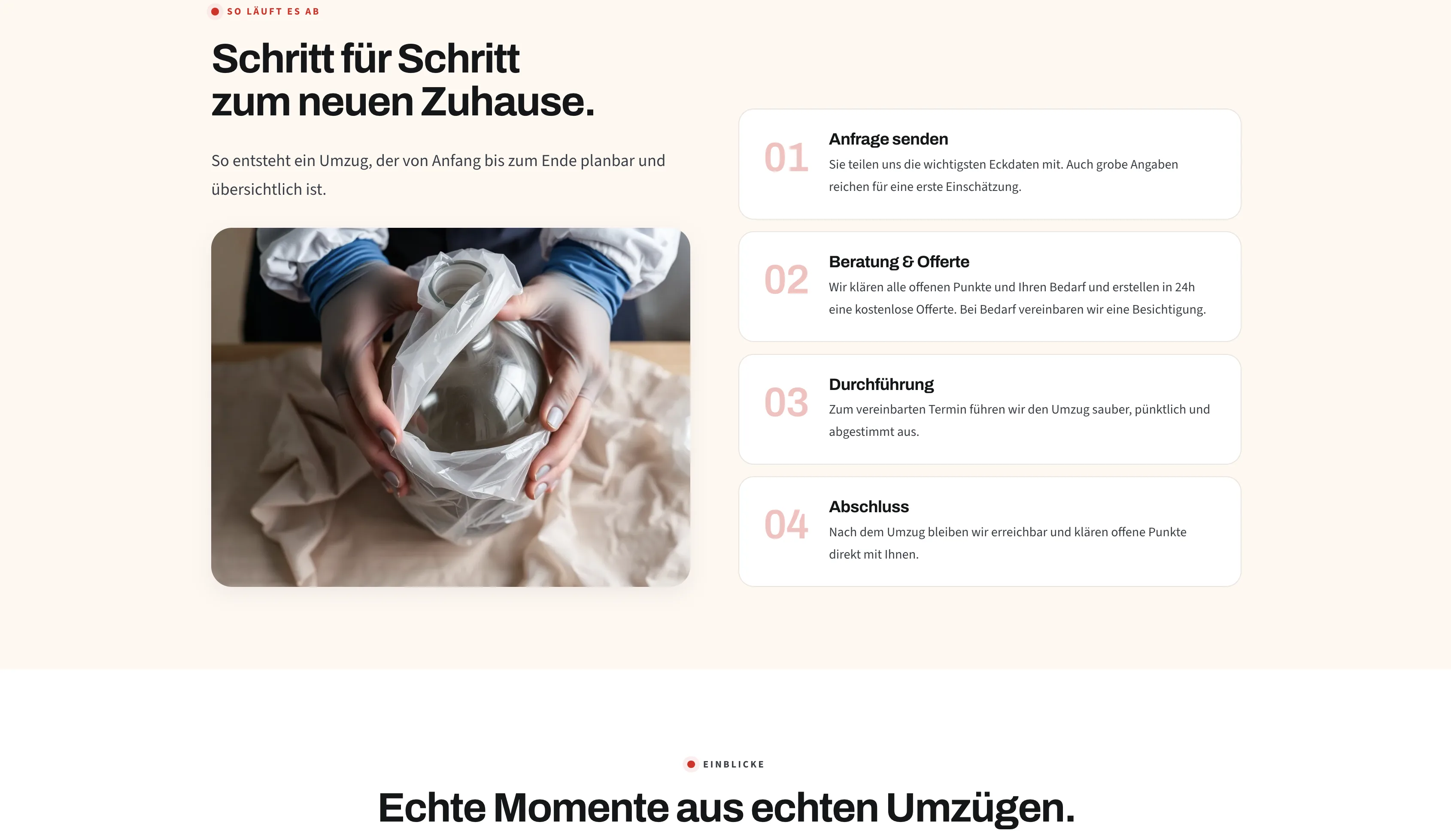 Ablaufsektion auf der Website von Schweizer Umzüge