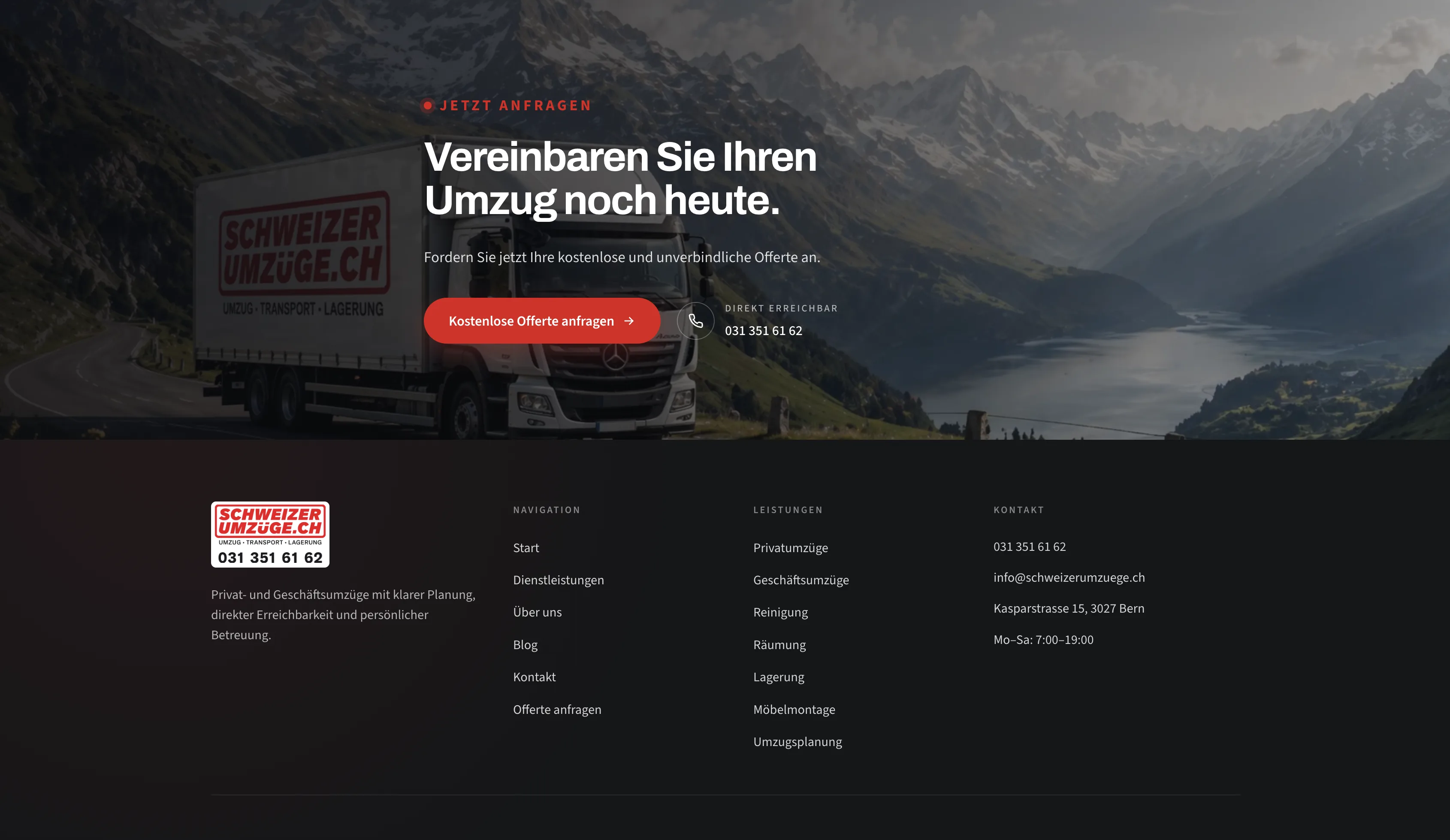 Footer und Anfragebereich auf der Website von Schweizer Umzüge