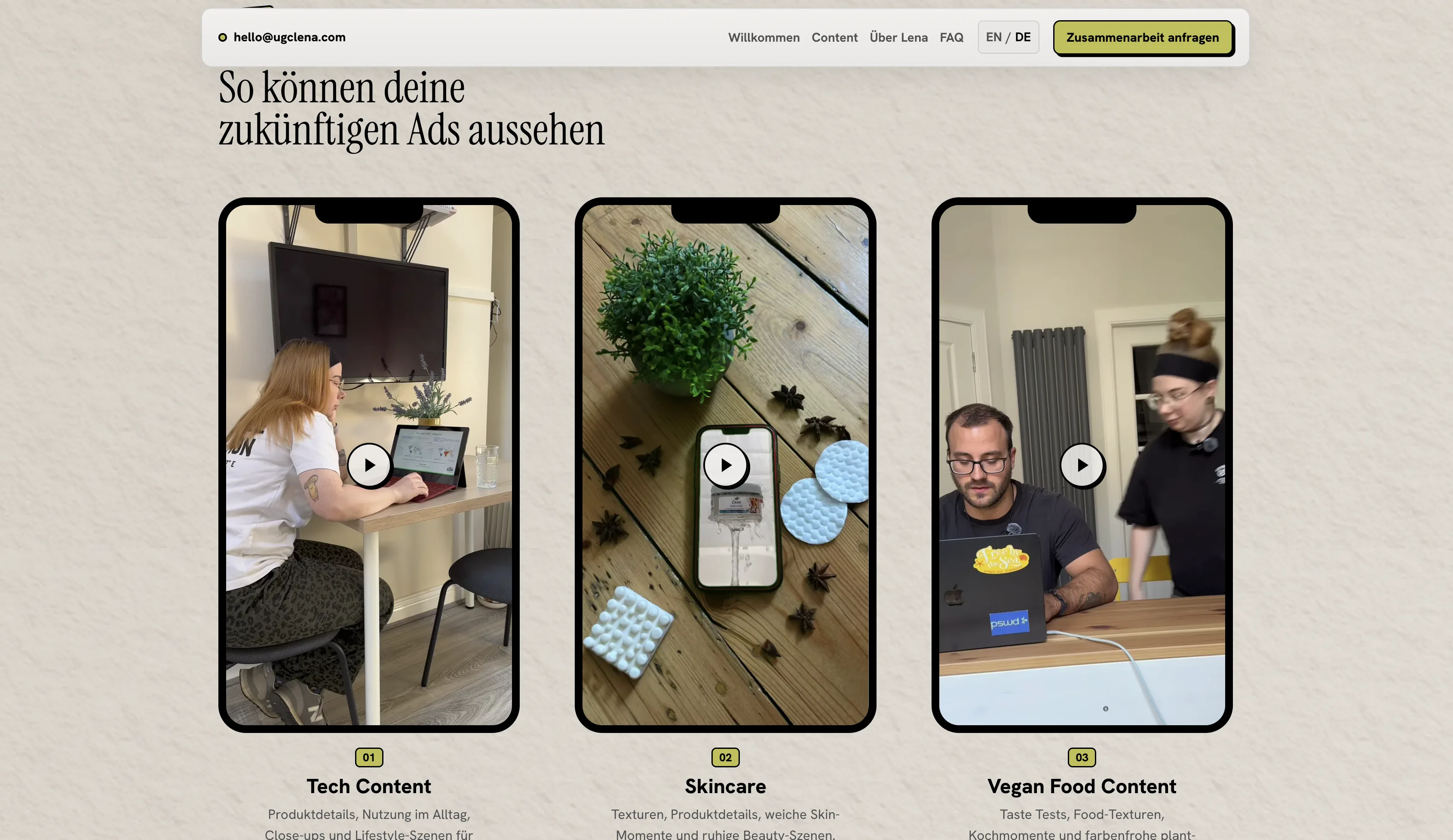 Content-Beispiele auf der Website von UGC Lena