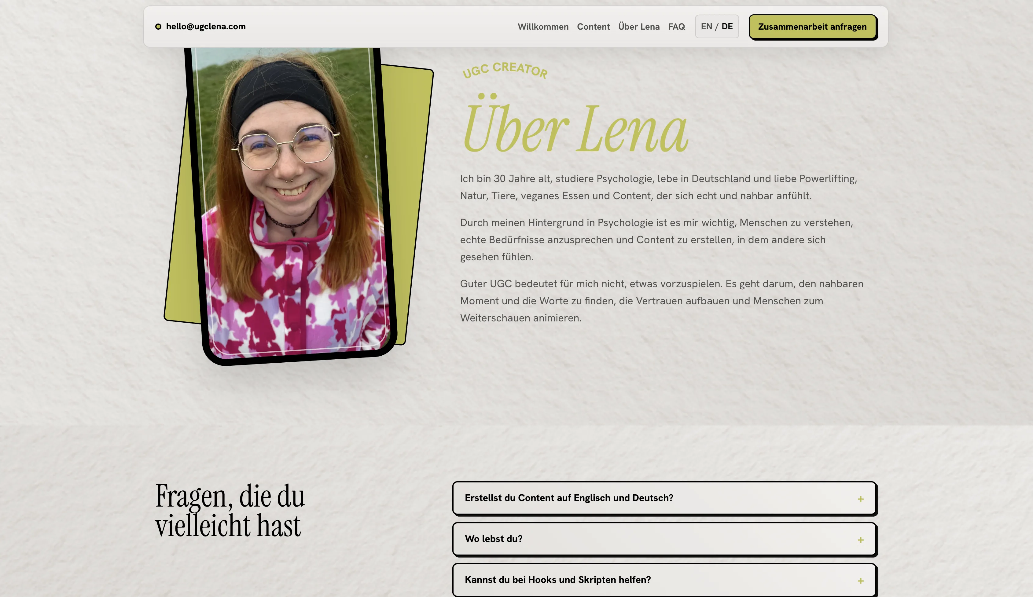 Über-Lena- und FAQ-Bereich auf der Website von UGC Lena