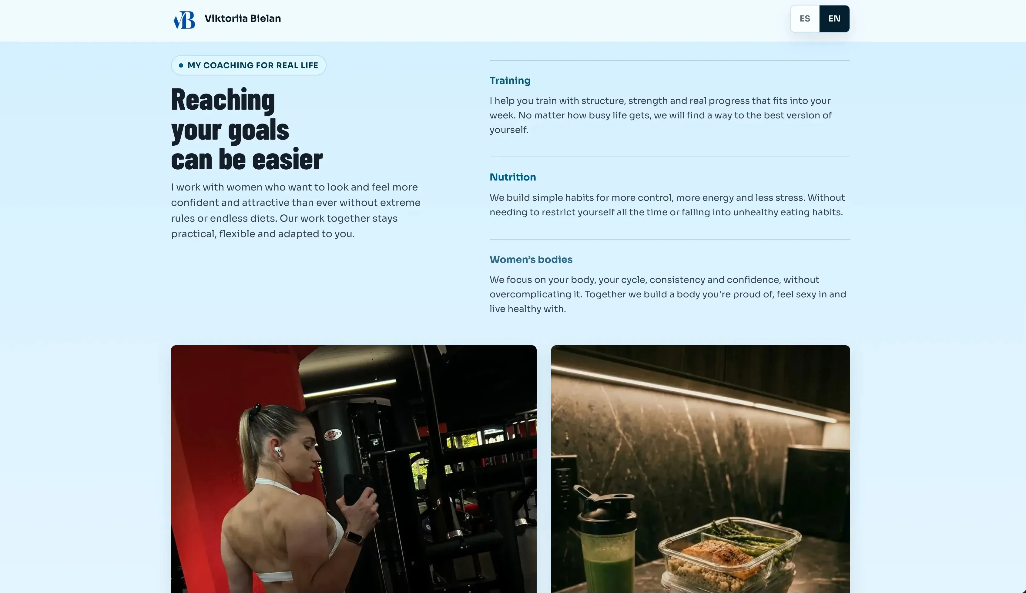 Leistungs- und Social-Bereiche der Viktoriia Bielan Landingpage